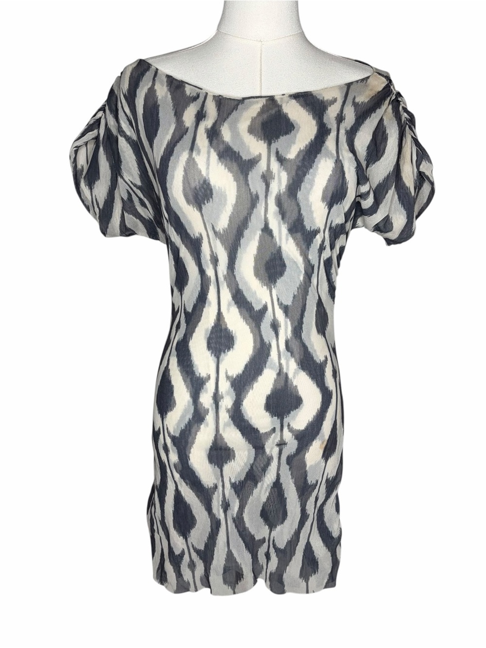 Vintage Y2K Cache Bodycon Mini Dress Ruched Size S Print Mesh